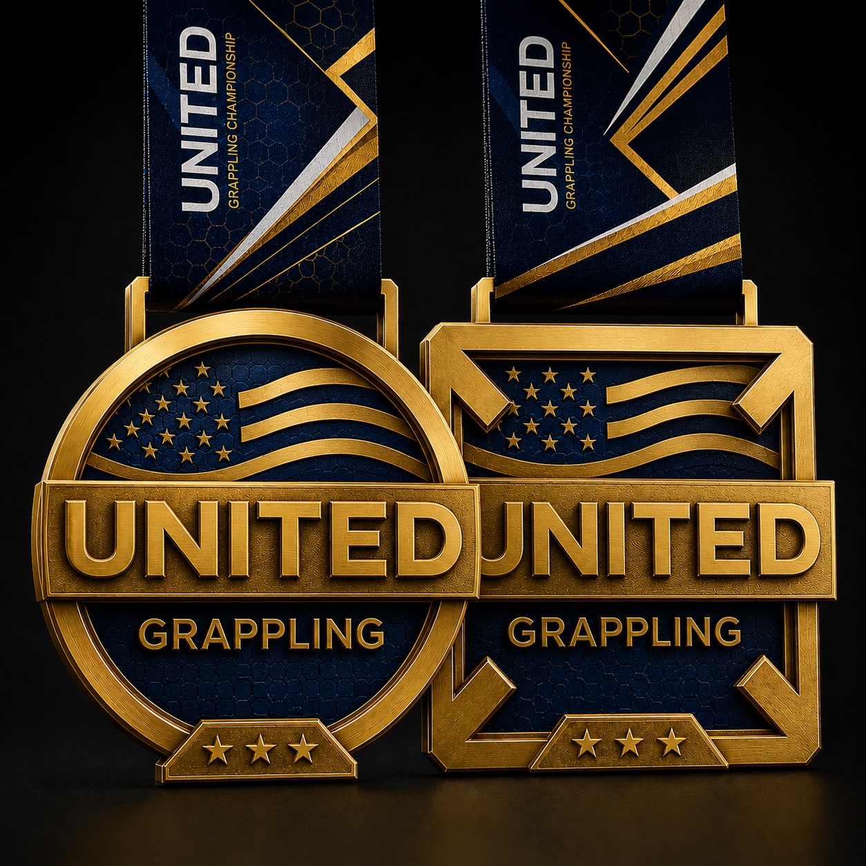 2026 United Grappling championship gold medals with blue and gold ribbons
